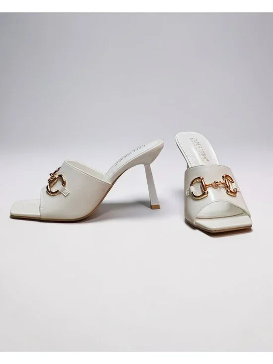 Square Toe White Heeled Mules With Gold Chain Detail - Elegant Slip-On Design Fo - Picture 6 of 14
